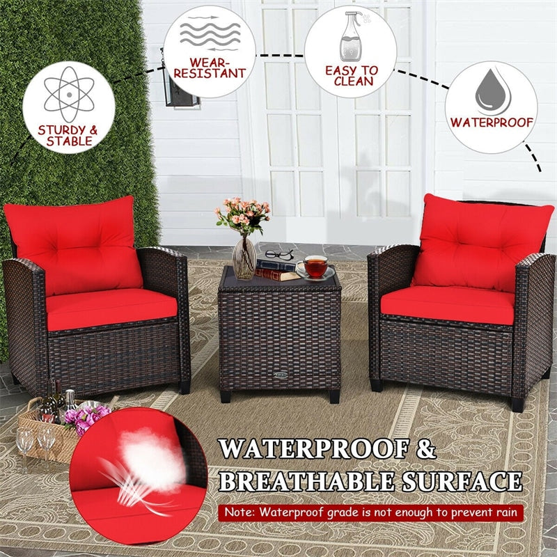 3 Piece Patio Rattan Furniture Set Outdoor Wicker Conversation Set Bistro Chairs with Washable Cushions & Tempered Glass Coffee Table