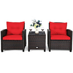 3 Piece Outdoor Rattan Patio Furniture Set, Wicker Conversation Set Bistro Chairs with Washable Cushions & Tempered Glass Coffee Table