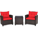 3 Piece Outdoor Rattan Patio Furniture Set, Wicker Conversation Set Bistro Chairs with Washable Cushions & Tempered Glass Coffee Table