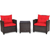 3 Piece Patio Rattan Furniture Set Outdoor Wicker Conversation Set Bistro Chairs with Washable Cushions & Tempered Glass Coffee Table