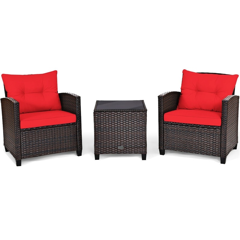 3 Piece Patio Rattan Furniture Set Outdoor Wicker Conversation Set Bistro Chairs with Washable Cushions & Tempered Glass Coffee Table