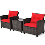 3 Piece Patio Rattan Furniture Set Outdoor Wicker Conversation Set Bistro Chairs with Washable Cushions & Tempered Glass Coffee Table