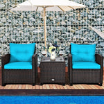 3 Piece Outdoor Rattan Patio Furniture Set, Wicker Conversation Set Bistro Chairs with Washable Cushions & Tempered Glass Coffee Table