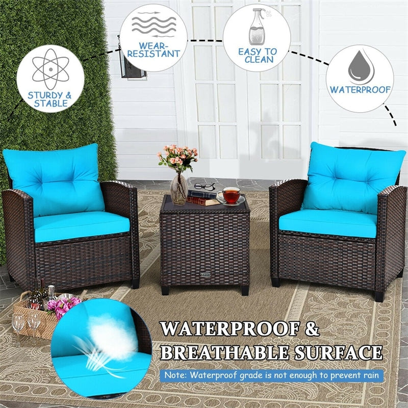 3 Piece Outdoor Rattan Patio Furniture Set, Wicker Conversation Set Bistro Chairs with Washable Cushions & Tempered Glass Coffee Table