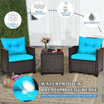 3 Piece Patio Rattan Furniture Set Outdoor Wicker Conversation Set Bistro Chairs with Washable Cushions & Tempered Glass Coffee Table