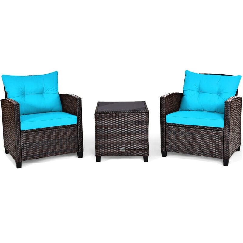 3 Piece Patio Rattan Furniture Set Outdoor Wicker Conversation Set Bistro Chairs with Washable Cushions & Tempered Glass Coffee Table