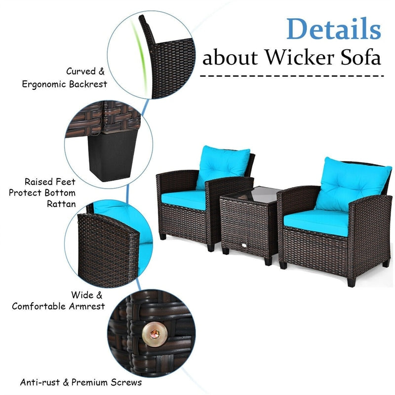 3 Piece Outdoor Rattan Patio Furniture Set, Wicker Conversation Set Bistro Chairs with Washable Cushions & Tempered Glass Coffee Table