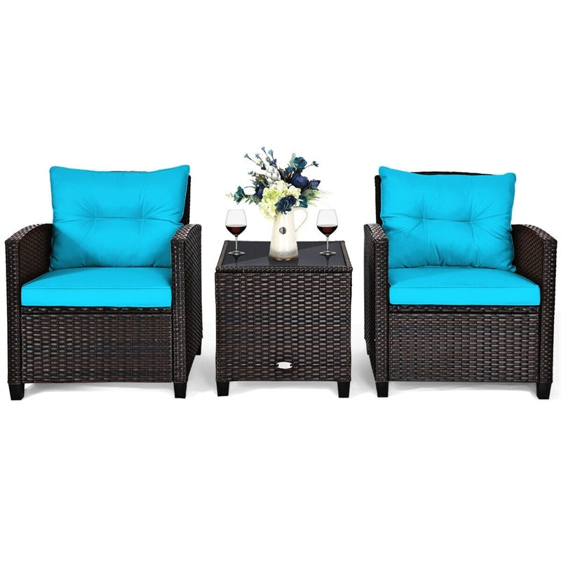 3 Piece Patio Rattan Furniture Set Outdoor Wicker Conversation Set Bistro Chairs with Washable Cushions & Tempered Glass Coffee Table