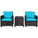 3 Piece Outdoor Rattan Patio Furniture Set, Wicker Conversation Set Bistro Chairs with Washable Cushions & Tempered Glass Coffee Table