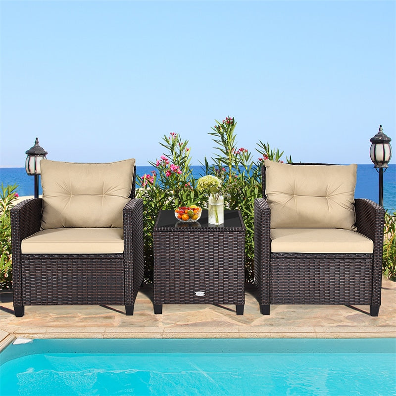 3 Piece Outdoor Rattan Patio Furniture Set, Wicker Conversation Set Bistro Chairs with Washable Cushions & Tempered Glass Coffee Table