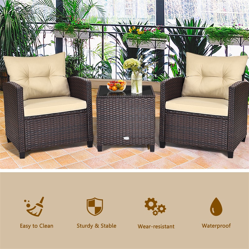 3 Piece Outdoor Rattan Patio Furniture Set, Wicker Conversation Set Bistro Chairs with Washable Cushions & Tempered Glass Coffee Table