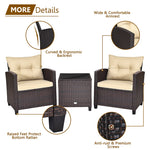 3 Piece Patio Rattan Furniture Set Outdoor Wicker Conversation Set Bistro Chairs with Washable Cushions & Tempered Glass Coffee Table