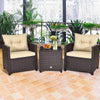 3 Piece Patio Rattan Furniture Set Outdoor Wicker Conversation Set Bistro Chairs with Washable Cushions & Tempered Glass Coffee Table