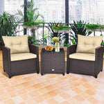 3 Piece Patio Rattan Furniture Set Outdoor Wicker Conversation Set Bistro Chairs with Washable Cushions & Tempered Glass Coffee Table