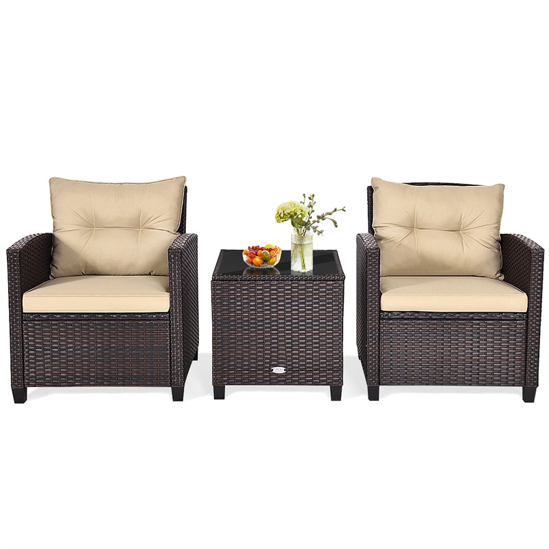 3 Piece Outdoor Rattan Patio Furniture Set, Wicker Conversation Set Bistro Chairs with Washable Cushions & Tempered Glass Coffee Table