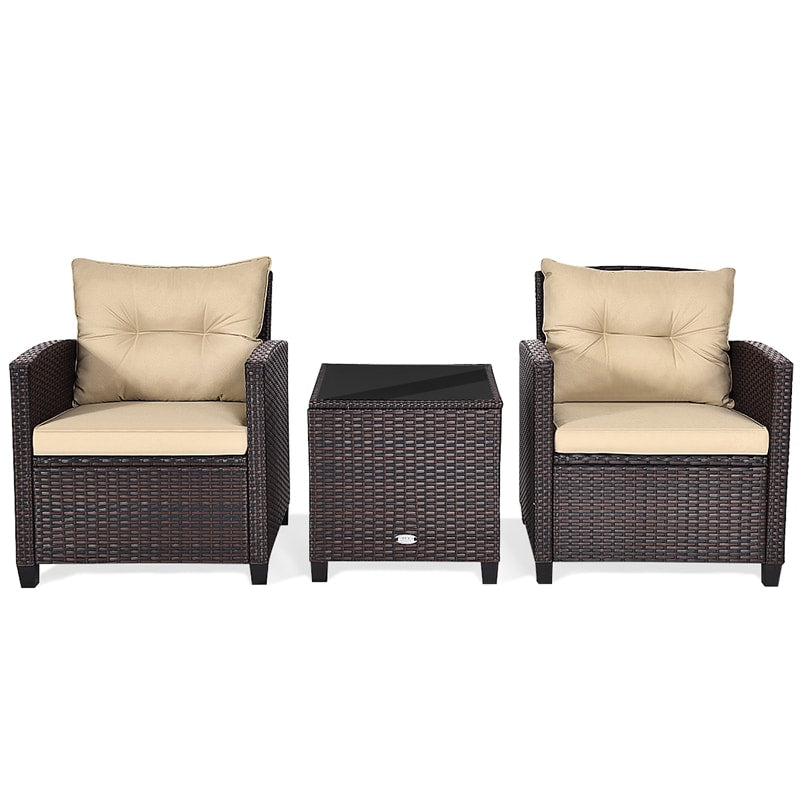 3 Piece Patio Rattan Furniture Set Outdoor Wicker Conversation Set Bistro Chairs with Washable Cushions & Tempered Glass Coffee Table