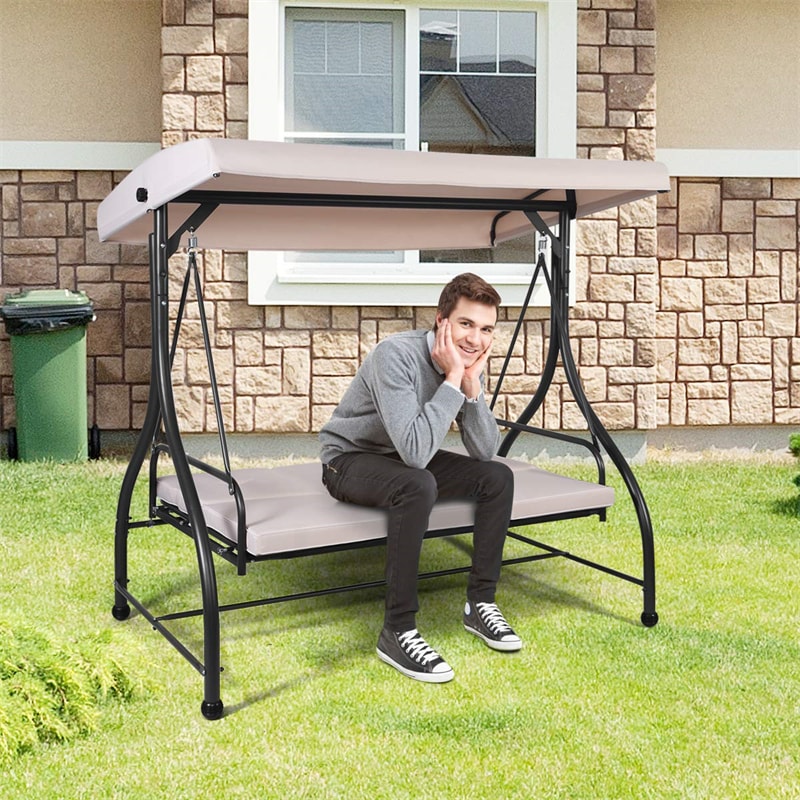 Outdoor Converting Swing Canopy Hammock 3-Seat Porch Swing Glider Chair with  & Adjustable Tilt Canopy, Seat & Back Cushions