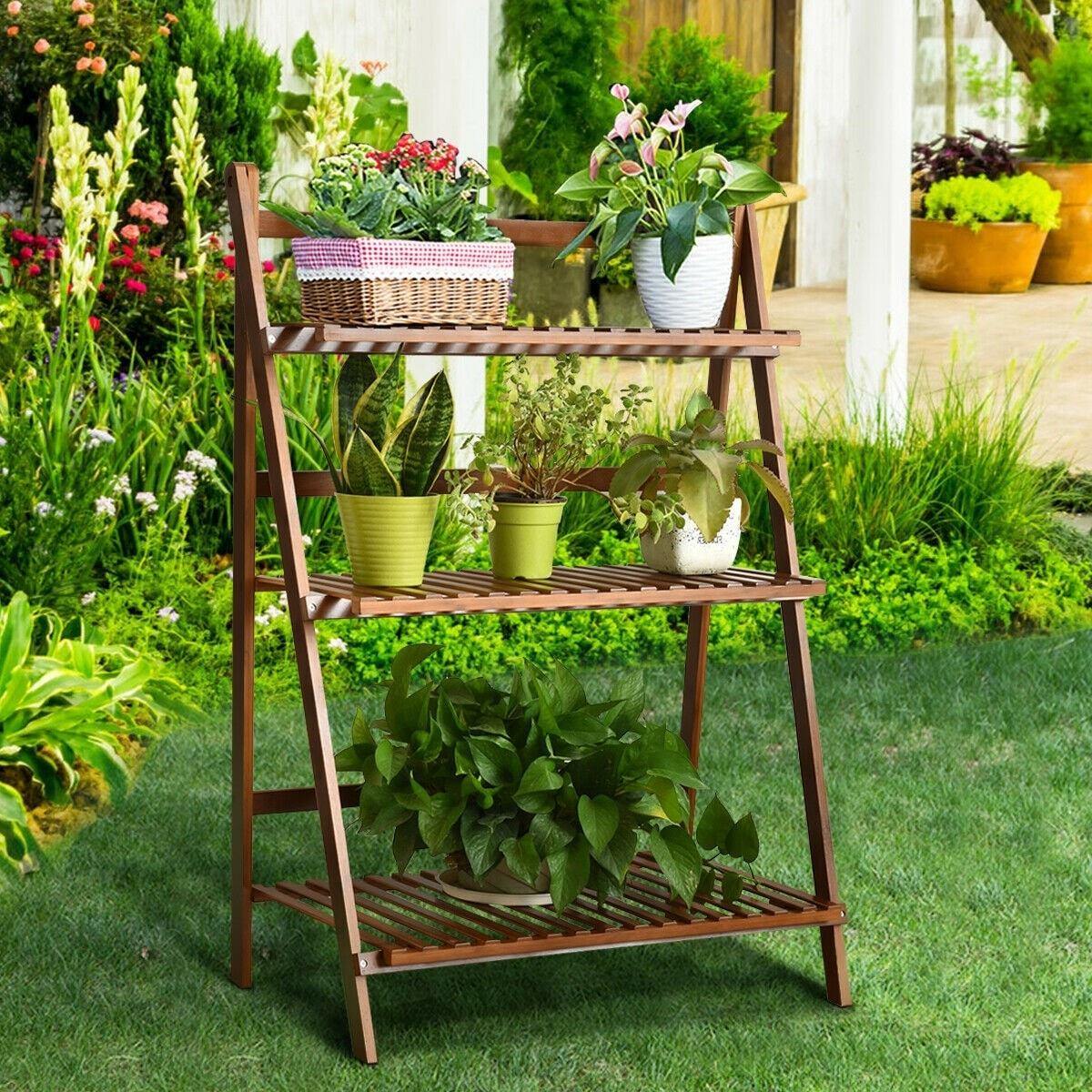 3 Tier Folding Bamboo Plant Stand Organizer Storage Shelving - Bestoutdor