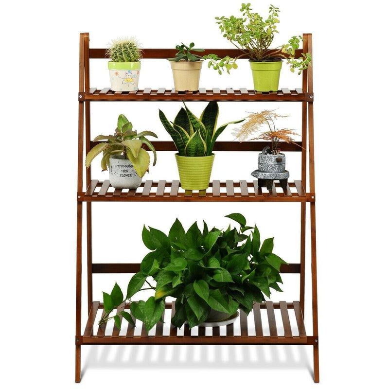 3 Tier Folding Bamboo Plant Stand Organizer Storage Shelving - Bestoutdor