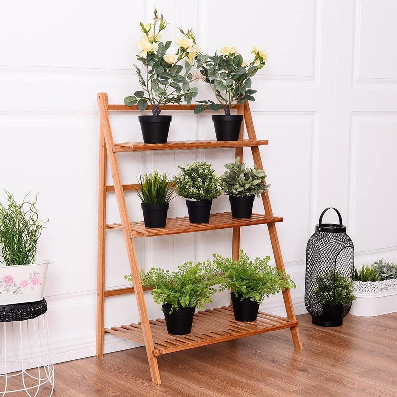 3 Tier Folding Bamboo Plant Stand Organizer Storage Shelving - Bestoutdor