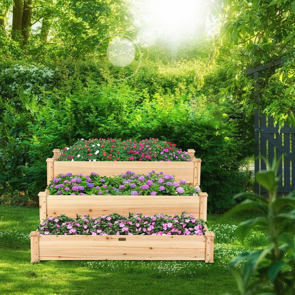 3-Tier Raised Garden Bed, Fir Wood Elevated Planter Box with 3 Dividable Bed Kit, Stackable Outdoor Above Ground Garden for Vegetables Herbs Flowers