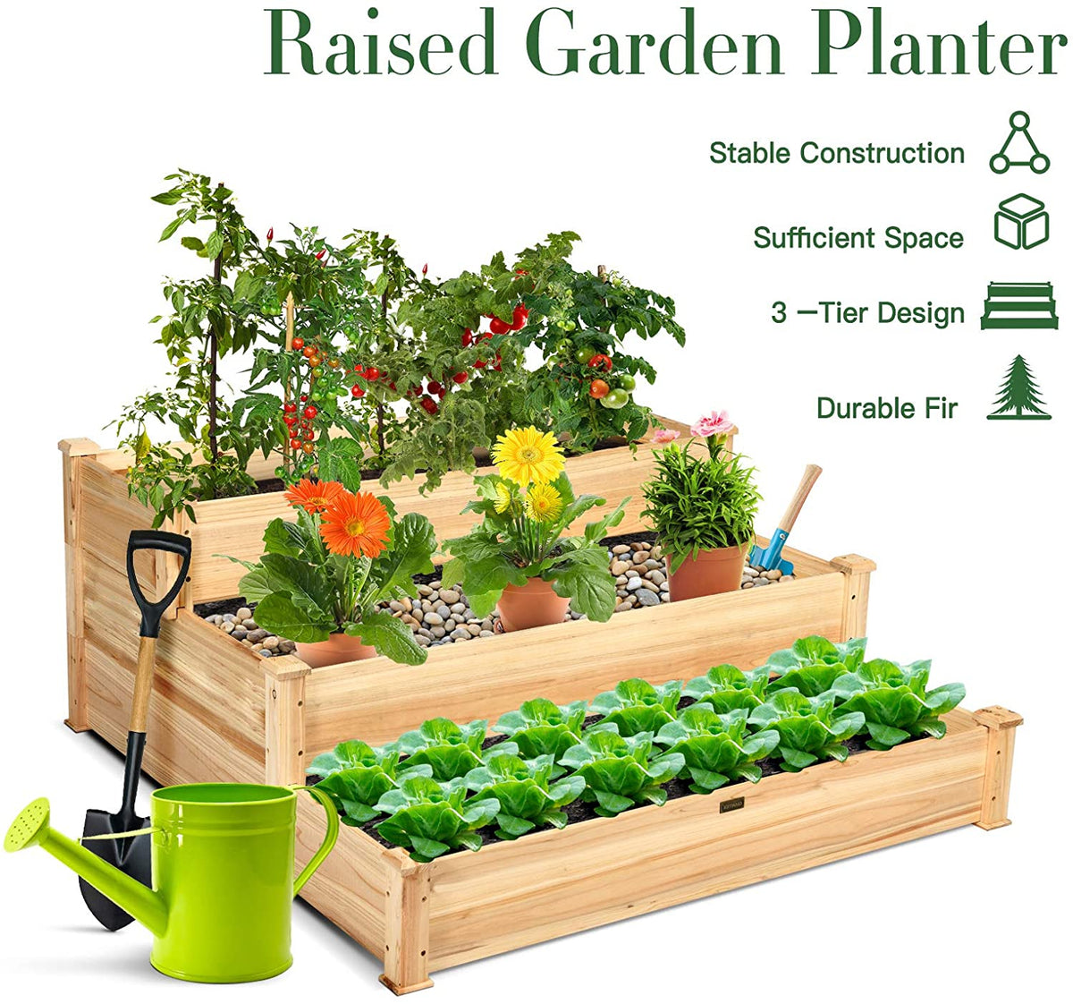 3-Tier Raised Garden Bed, Fir Wood Elevated Planter Box with 3 Dividable Bed Kit, Stackable Outdoor Above Ground Garden for Vegetables Herbs Flowers