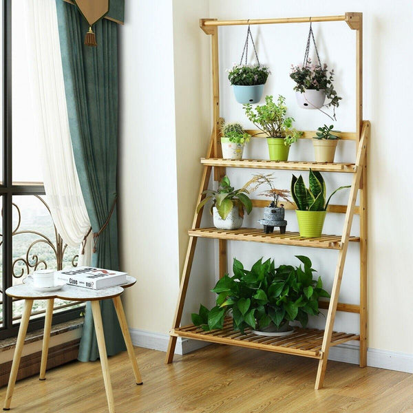 3 Tier Bamboo Hanging Folding Plant Stand Planter Shelf - Bestoutdor