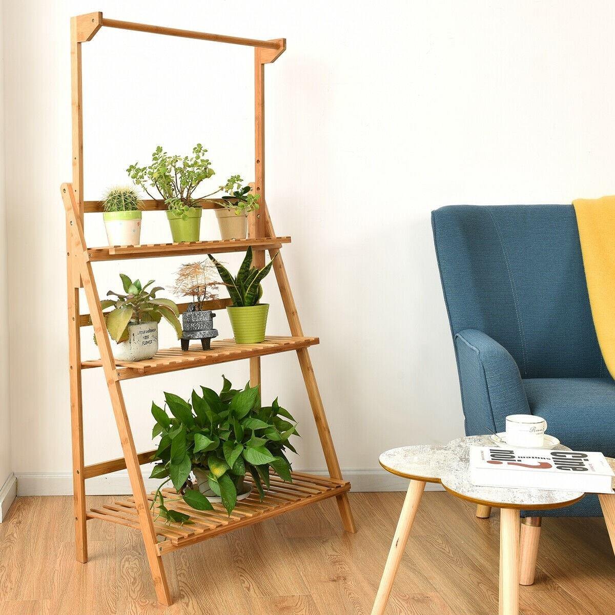 3 Tier Bamboo Hanging Folding Plant Stand Planter Shelf - Bestoutdor