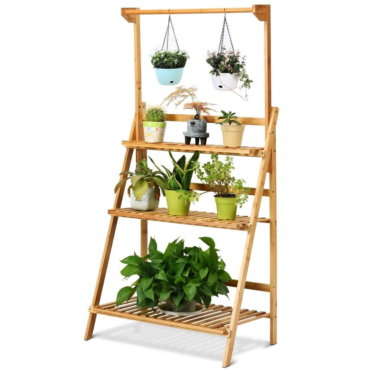 3 Tier Bamboo Hanging Folding Plant Stand Planter Shelf - Bestoutdor