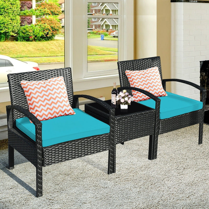 3-Piece Rattan Patio Conversation Set Wicker Bistro Furniture Set Cushioned Sofa Deck