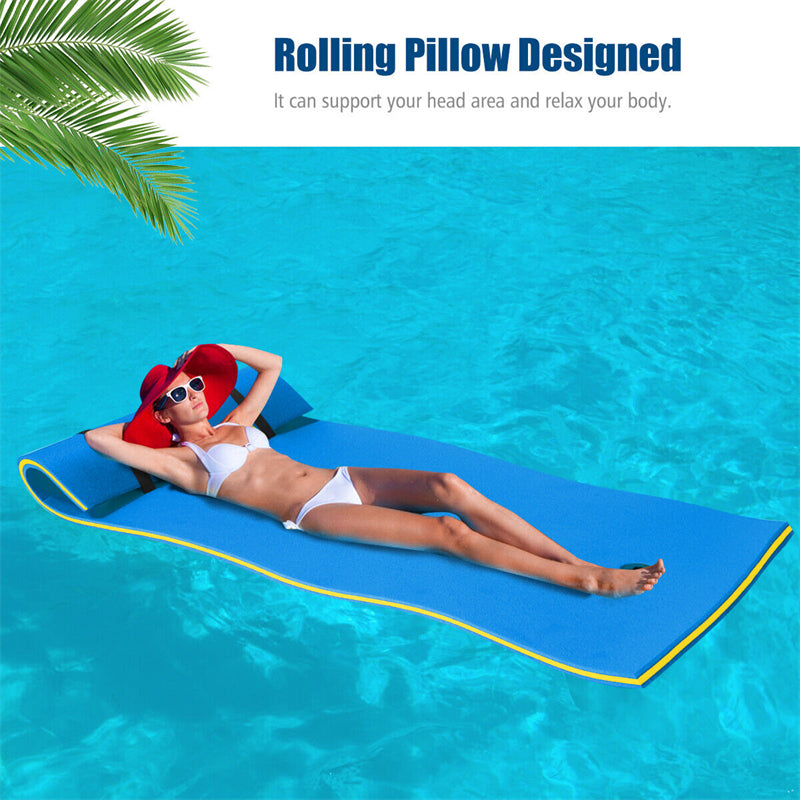 Floating Water Pad 3-Layer Tear Resistant XPE Foam Water Mat 87" x 36" Foam Pool Float with Rolling Pillow Design for Lake Water Activities