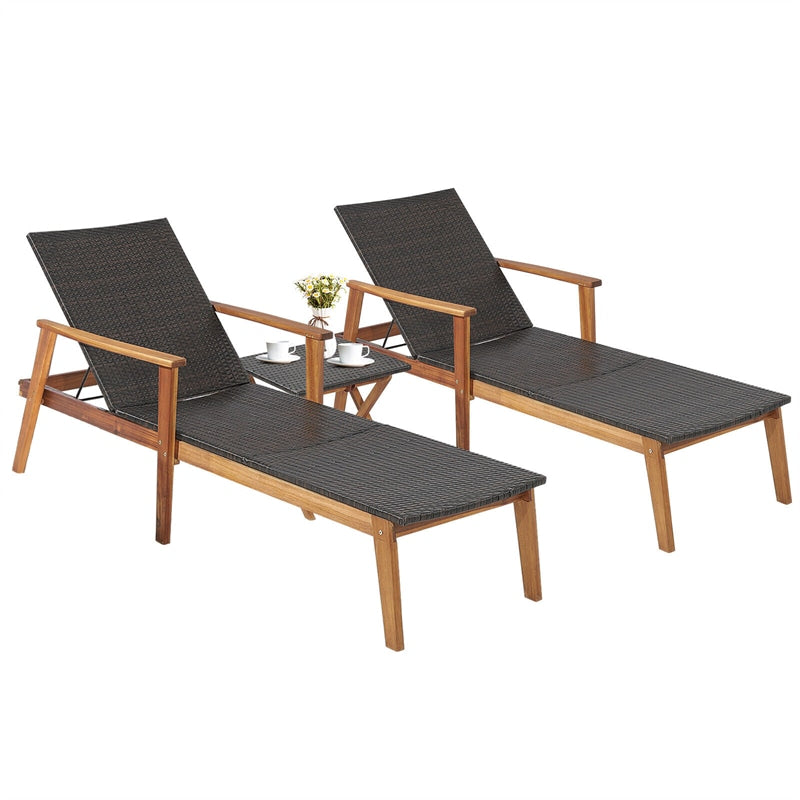 3 Piece Wicker Outdoor Lounge Chair Set Acacia Wood Chaise Lounge with Folding Side Table