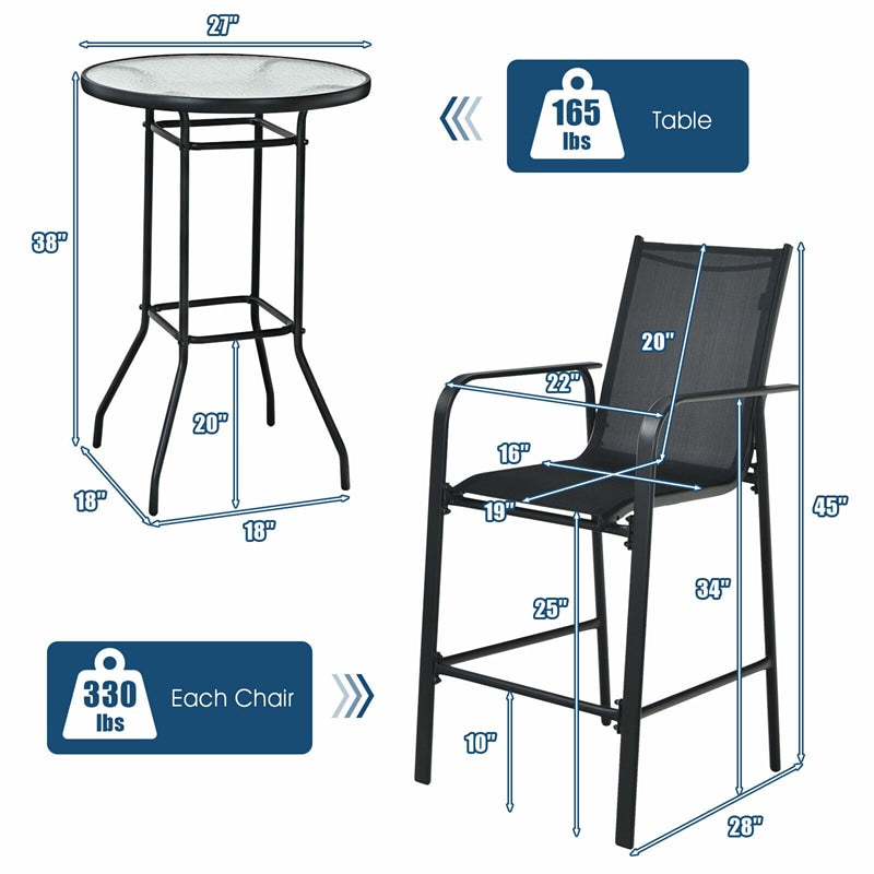 3 Piece Patio Bar Set Outdoor Bar Height Bistro Set with 2 Bar Chairs & Tempered Glass Top Bar Table for Backyard Garden Lawn