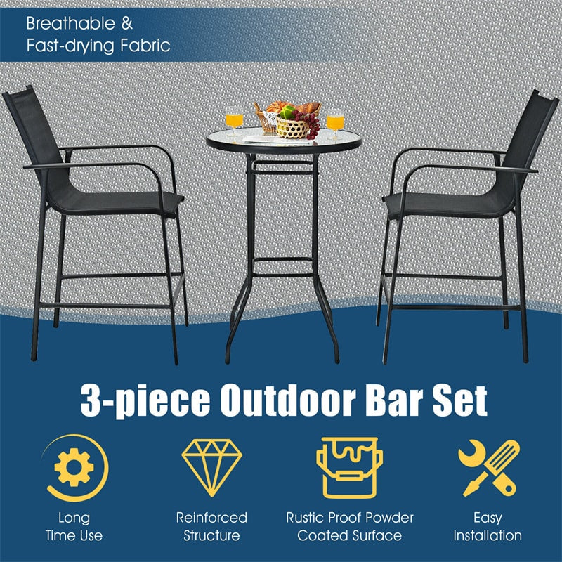 3 Piece Patio Bar Set Outdoor Bar Height Bistro Set with 2 Bar Chairs & Tempered Glass Top Bar Table for Backyard Garden Lawn