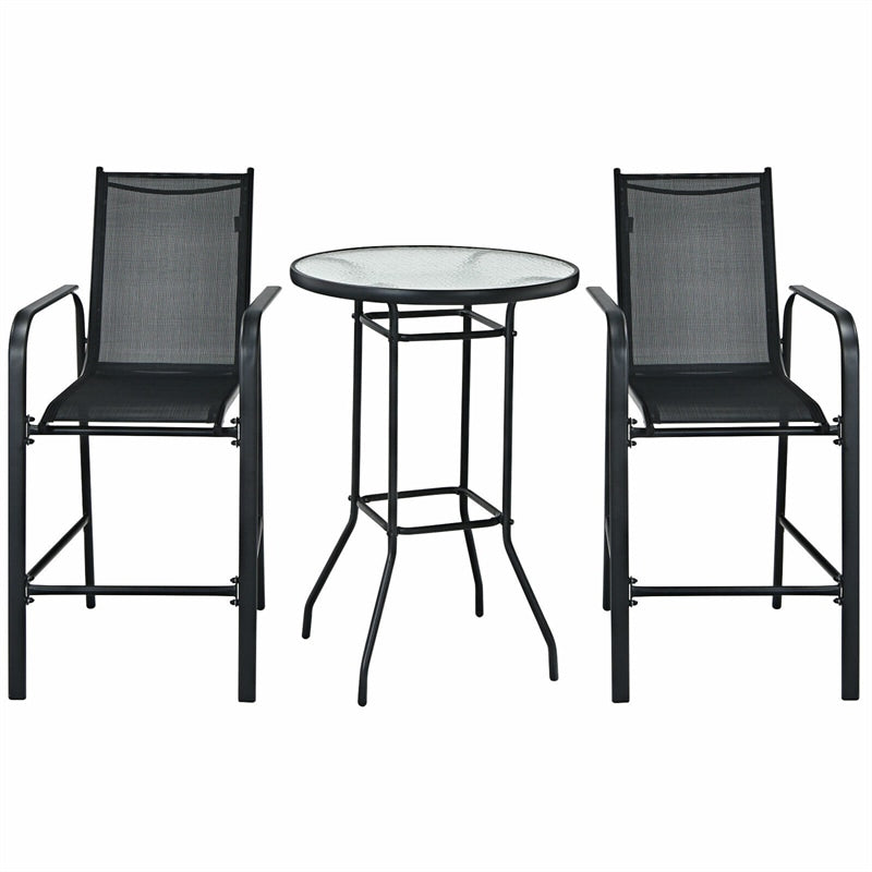 3 Piece Patio Bar Set Outdoor Bar Height Bistro Set with 2 Bar Chairs & Tempered Glass Top Bar Table for Backyard Garden Lawn