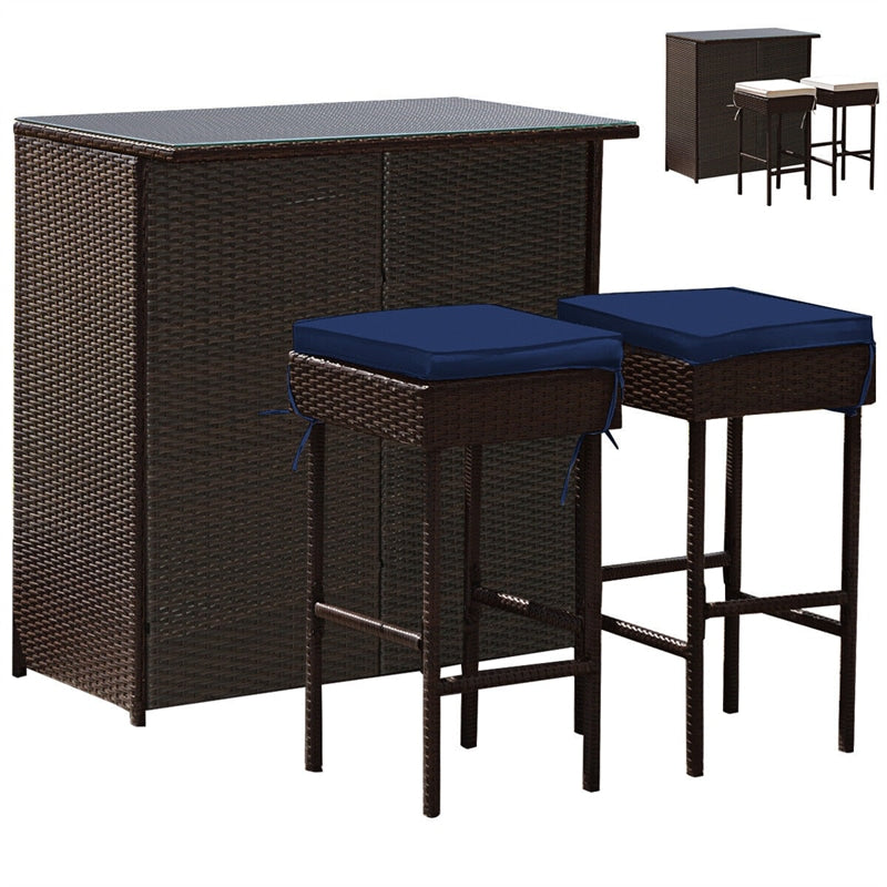 3 Piece Rattan Patio Bar Set Outdoor Wicker Bar Table & Stools Set with 2 Set of Cushion Cover