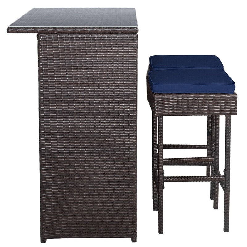 3 Piece Rattan Patio Bar Set Outdoor Wicker Bar Table & Stools Set with 2 Set of Cushion Cover