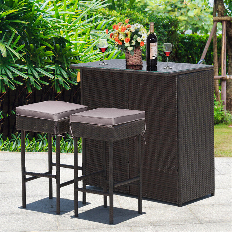 3 Piece Rattan Patio Bar Set Outdoor Wicker Bar Table & Stools Set with 2 Set of Cushion Cover