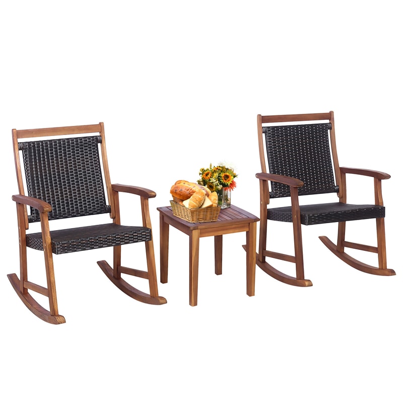 3 Piece Patio Rattan Rocking Bistro Set Acacia Wood Outdoor Rocker Chat Set with Side Table