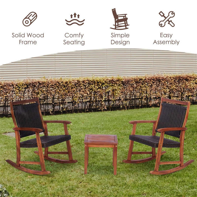 3 Piece Patio Rattan Rocking Bistro Set Acacia Wood Outdoor Rocker Chat Set with Side Table