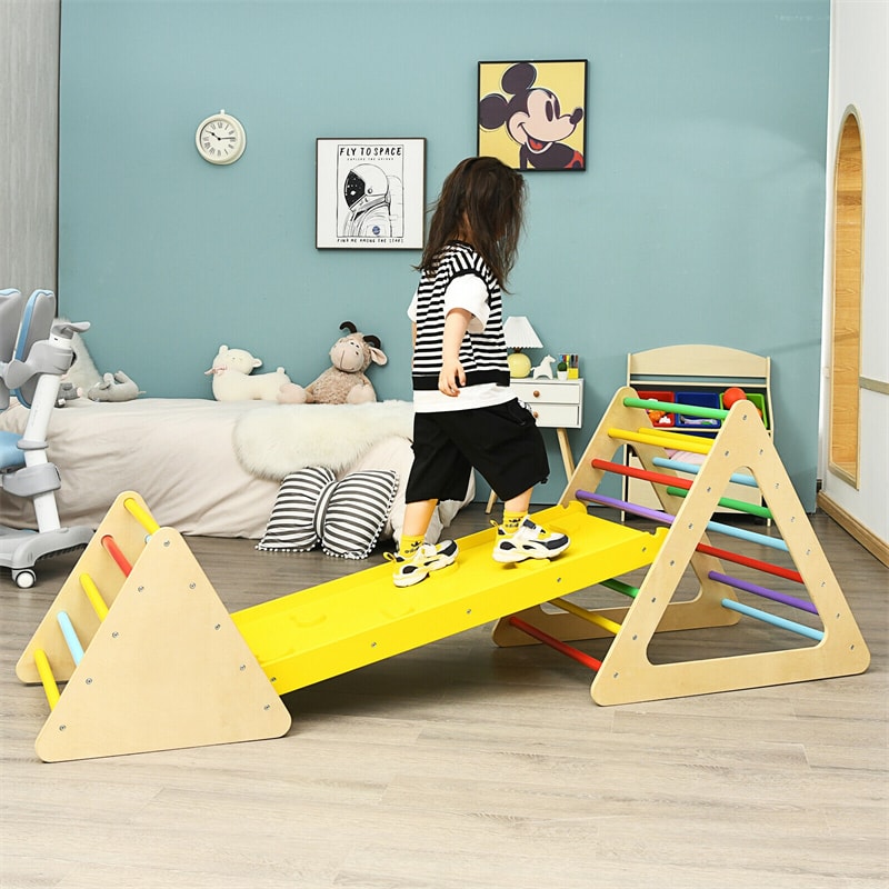 3 in 1 Pikler Triangle Climber Wooden Toddler Climbing Ladder Kids Montessori Play Gym Set Ladder Climber with Sliding Ramp