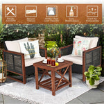 3 Piece Wicker Patio Bistro Set Rattan Conversation Sofa Chair with Acacia Wood Coffee Table & Cushions