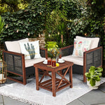 3 Piece Wicker Patio Bistro Set Rattan Conversation Sofa Chair with Acacia Wood Coffee Table & Cushions