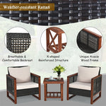 3 Piece Wicker Patio Bistro Set Rattan Conversation Sofa Chair with Acacia Wood Coffee Table & Cushions