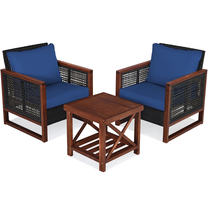 3 Piece Wicker Patio Bistro Set Rattan Conversation Sofa Chair with Acacia Wood Coffee Table & Cushions