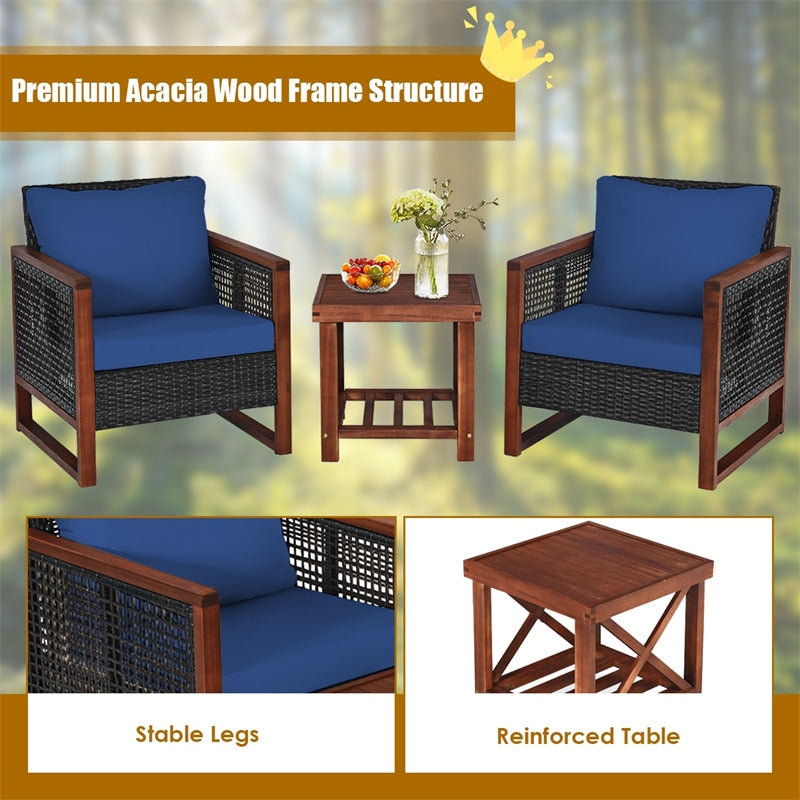 3 Piece Wicker Patio Bistro Set Rattan Conversation Sofa Chair with Acacia Wood Coffee Table & Cushions