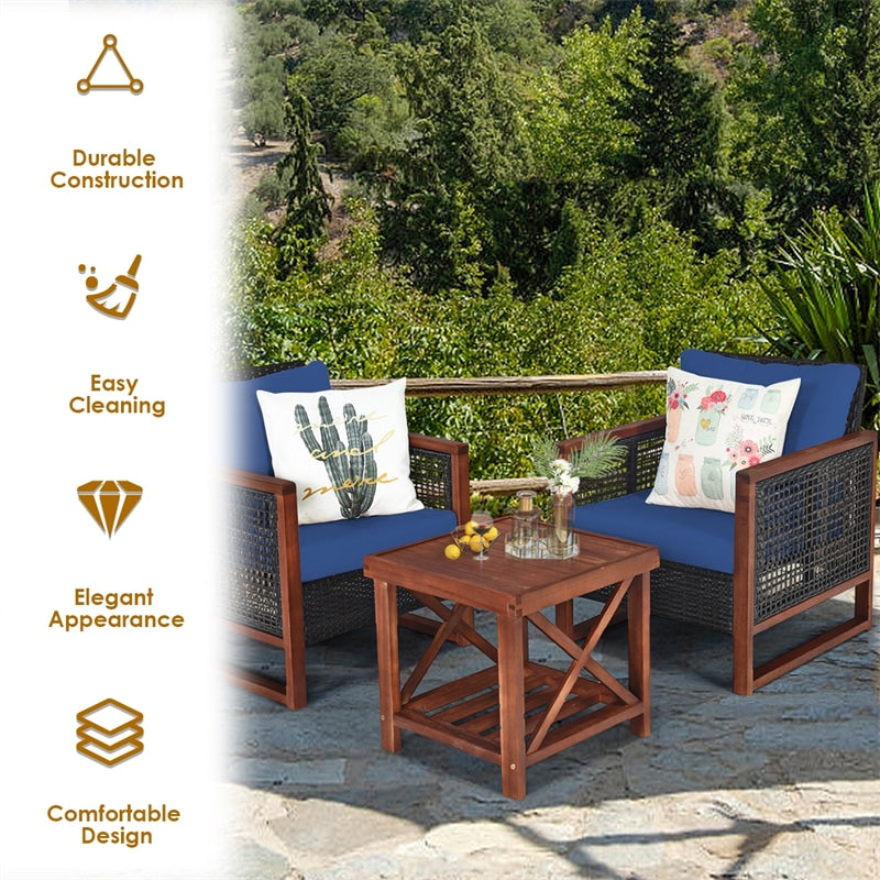 3 Piece Wicker Patio Bistro Set Rattan Conversation Sofa Chair with Acacia Wood Coffee Table & Cushions