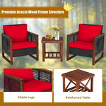 3 Piece Wicker Patio Bistro Set Rattan Conversation Sofa Chair with Acacia Wood Coffee Table & Cushions