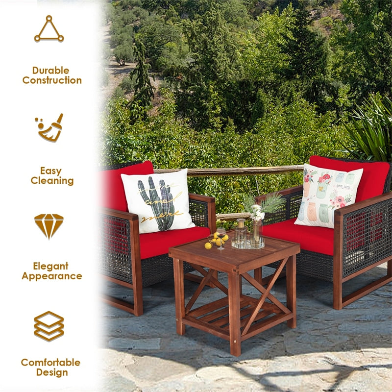 3 Piece Wicker Patio Bistro Set Rattan Conversation Sofa Chair with Acacia Wood Coffee Table & Cushions