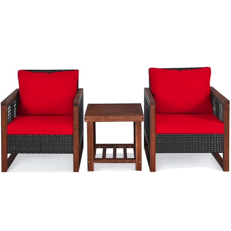 3 Piece Wicker Patio Bistro Set Rattan Conversation Sofa Chair with Acacia Wood Coffee Table & Cushions